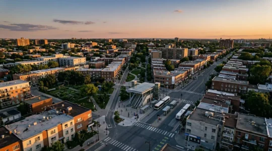 Vista panorámica de barrio urbano con estación de metro y espacios verdes accesibles