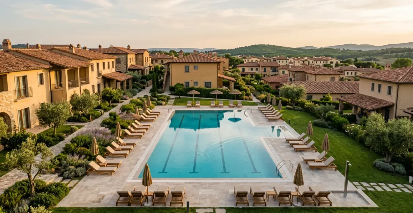 Vista aerea de piscina comunitaria moderna en urbanizacion residencial con agua cristalina y zonas verdes