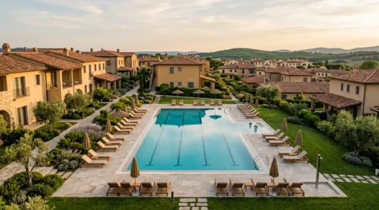 Vista aerea de piscina comunitaria moderna en urbanizacion residencial con agua cristalina y zonas verdes
