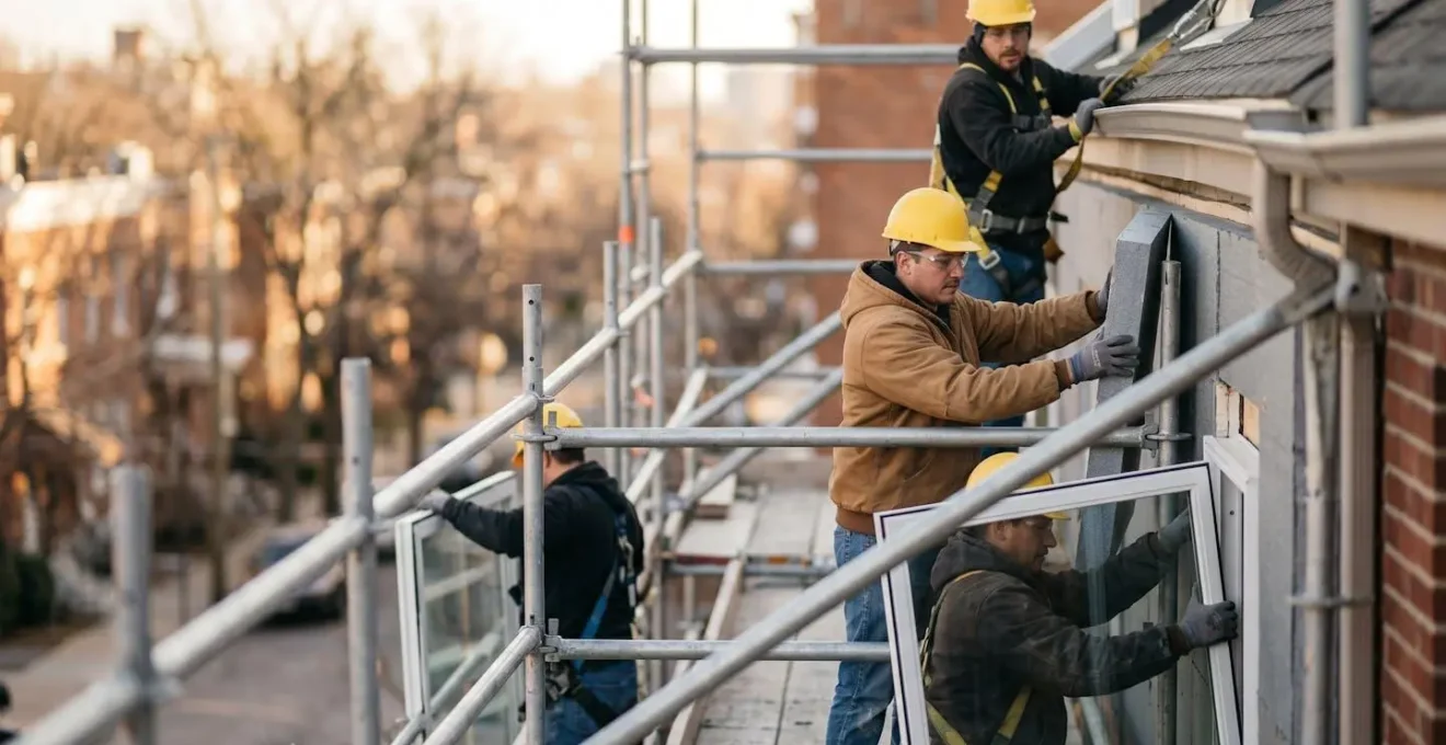 Vista detallada de un edificio con andamios mostrando diferentes niveles de trabajo simultáneo en la rehabilitación