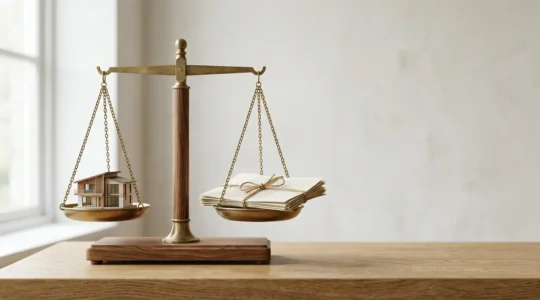 Concepto visual de equilibrio entre derechos de inquilinos y propietarios en alquiler de vivienda
