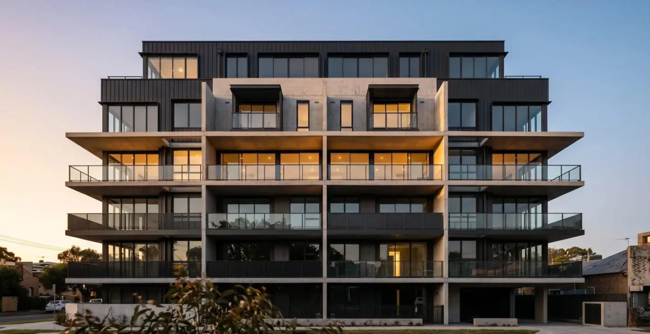 Vista de edificio residencial mostrando diferentes tipologías de viviendas y plantas
