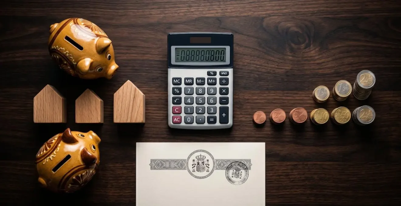 Mesa con documentos fiscales organizados y calculadora mostrando ahorro en deducciones