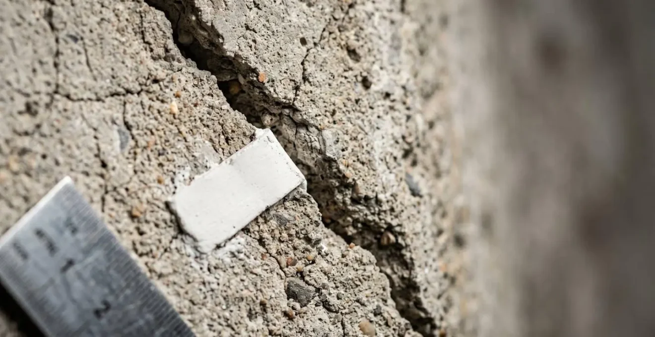 Detalle macro de grieta en muro con testigo de yeso para medir evolucion del dano