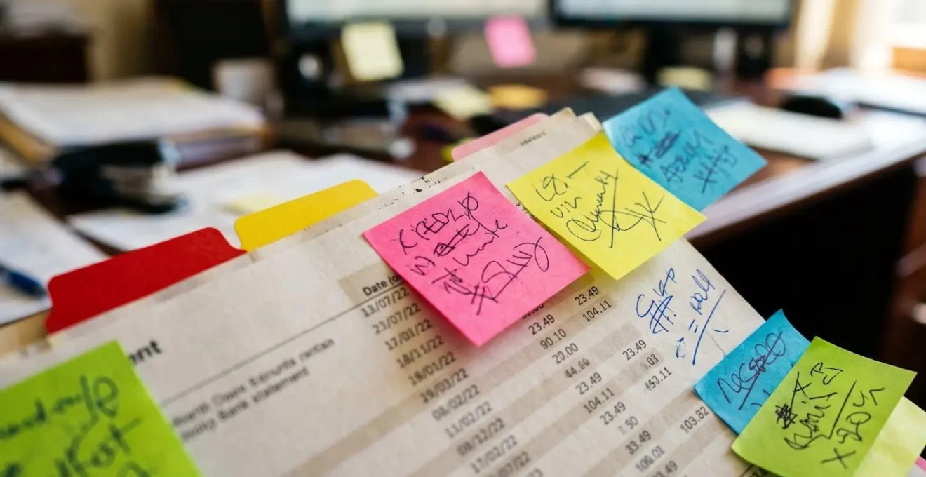 Documentos bancarios perfectamente organizados con notas adhesivas de colores sobre mesa de trabajo