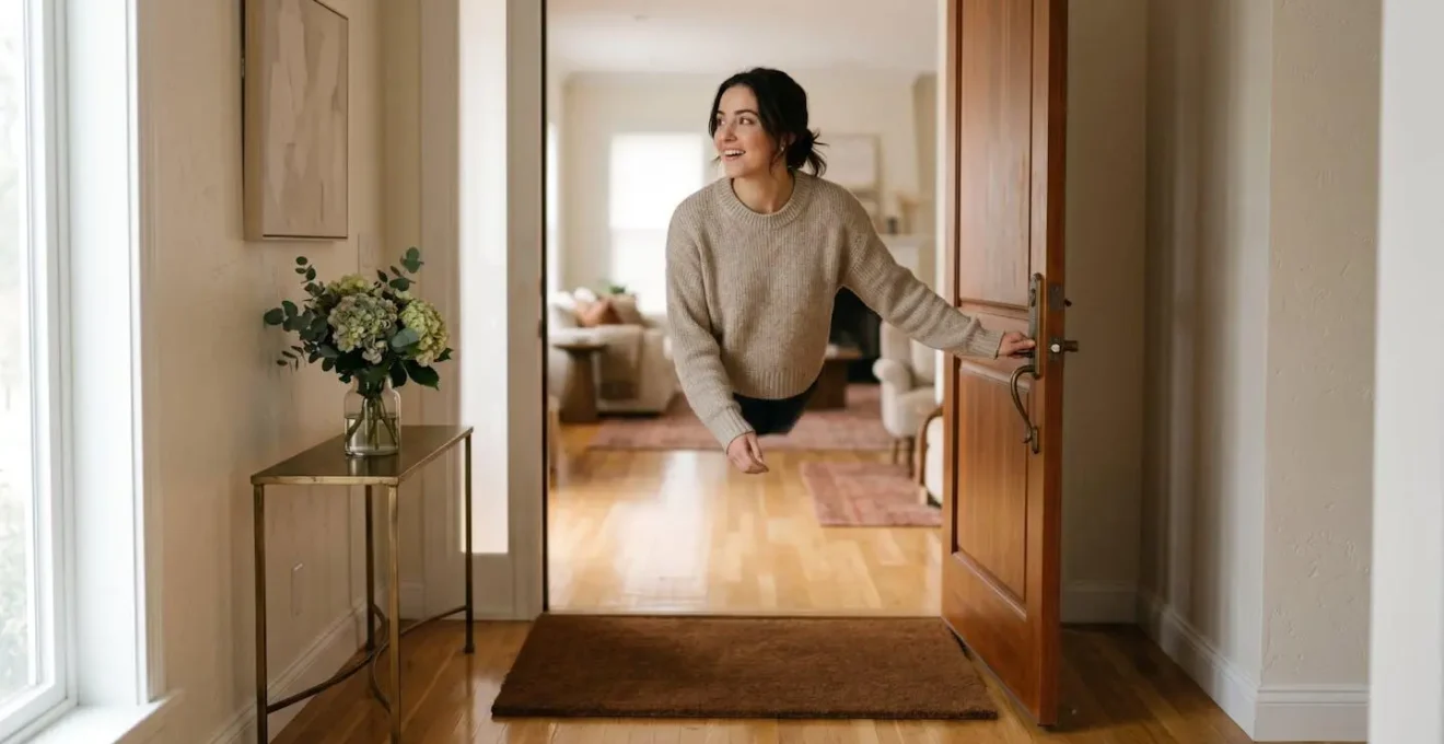 Entrada luminosa de vivienda con home staging mostrando el efecto de primera impresion positiva en compradores