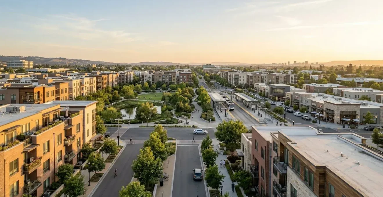 Vista urbana mostrando la relacion entre servicios cercanos y viviendas residenciales