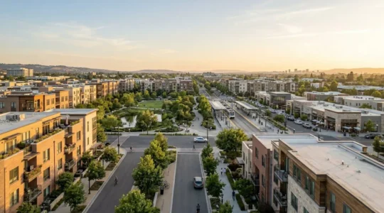 Vista urbana mostrando la relacion entre servicios cercanos y viviendas residenciales