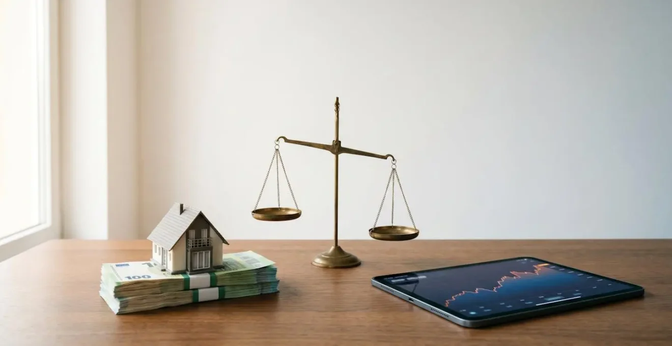 Concepto visual de decisión estratégica entre mayor entrada hipotecaria versus inversión del capital