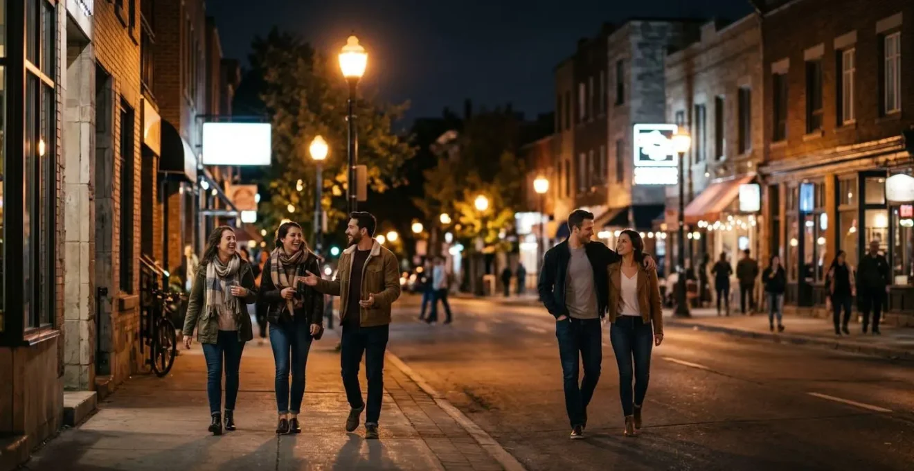 Calle residencial iluminada un viernes por la noche con actividad comercial y peatones