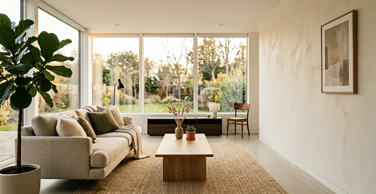 Interior de salon luminoso con home staging profesional mostrando muebles neutros y espacios optimizados para venta inmobiliaria