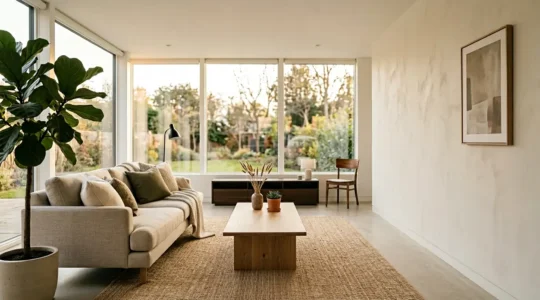 Interior de salon luminoso con home staging profesional mostrando muebles neutros y espacios optimizados para venta inmobiliaria