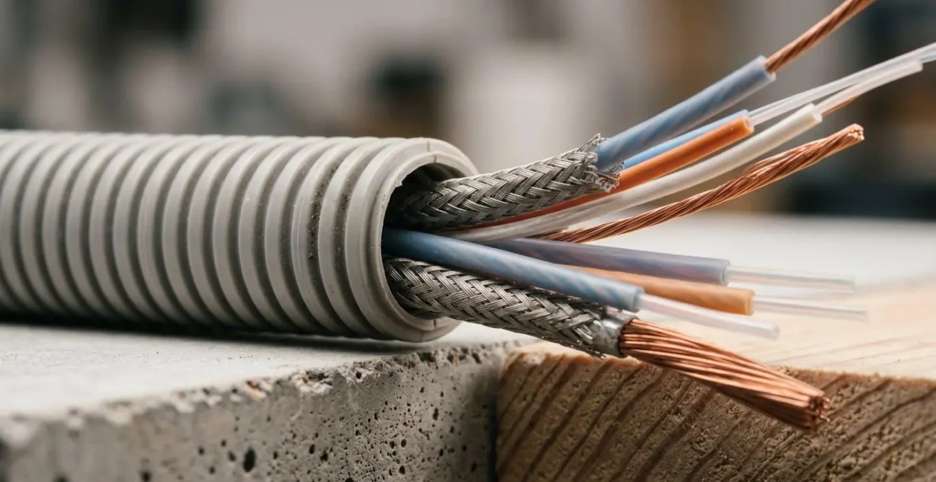 Infraestructura de cableado estructurado para vivienda inteligente mostrando tubos corrugados y organización de cables