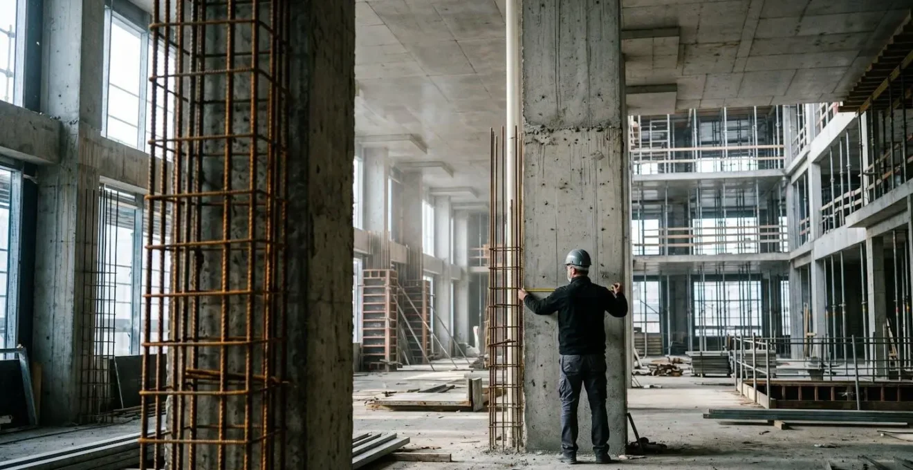 Inspector técnico revisando estructura de obra en construcción con instrumentos de medición