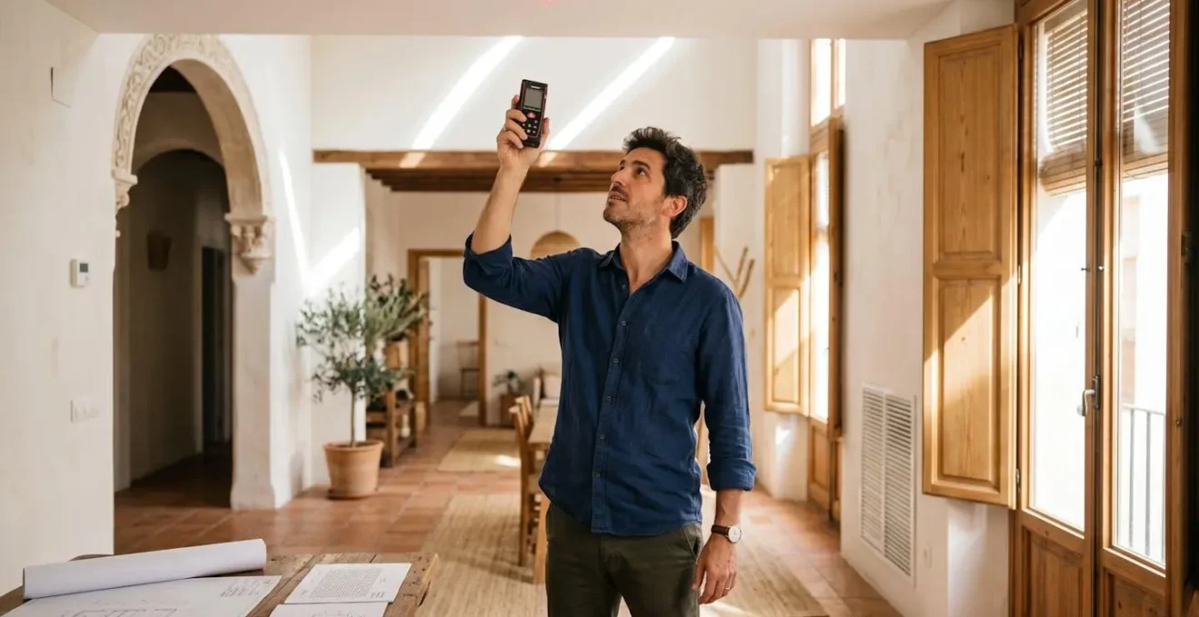 Técnico arquitecto midiendo altura de techo y comprobando ventilación natural en vivienda