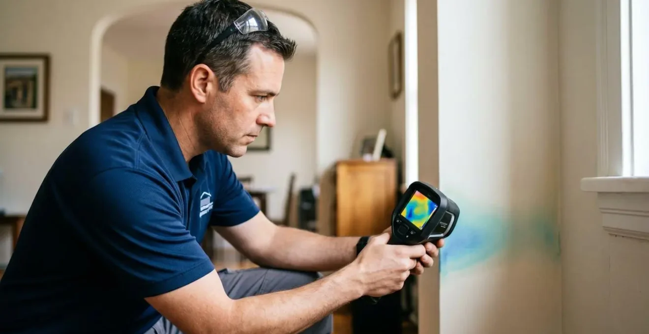 Técnico con cámara termográfica inspeccionando pared interior de vivienda