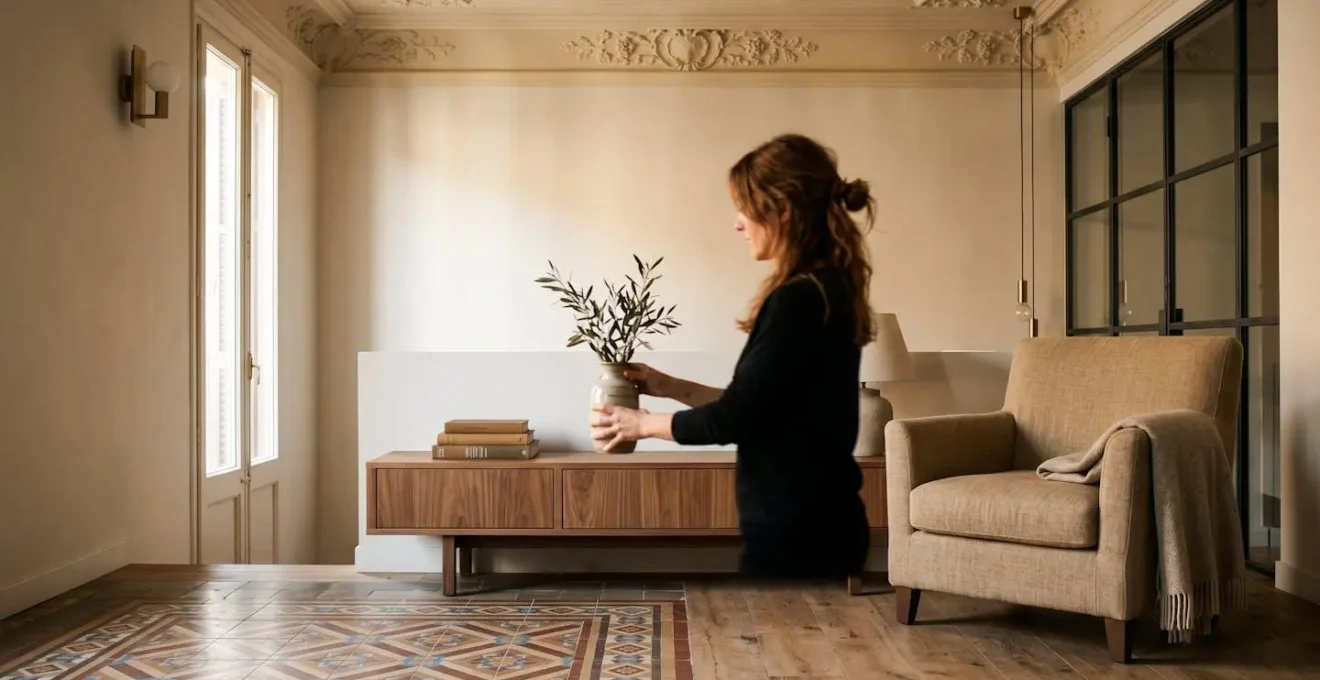 Espacio interior de vivienda histórica rehabilitada con equilibrio entre elementos originales y confort moderno