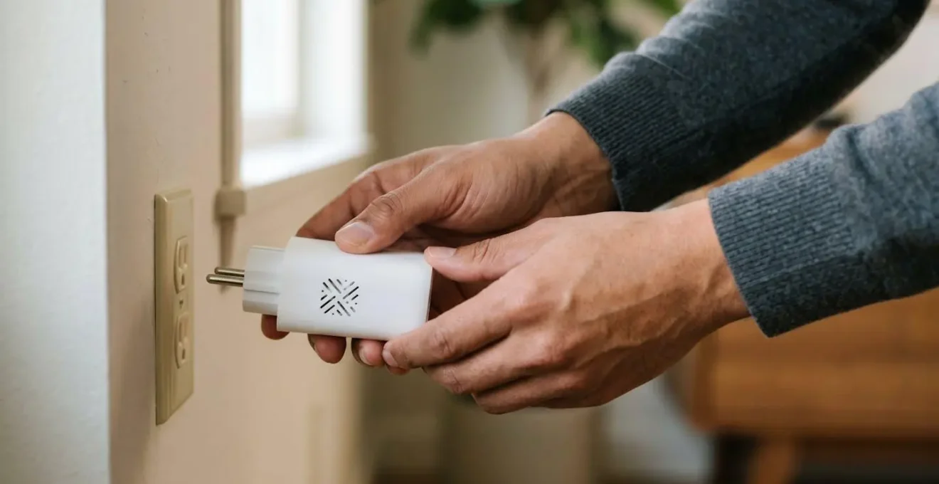 Manos de persona instalando enchufe inteligente en pared de hogar contemporáneo
