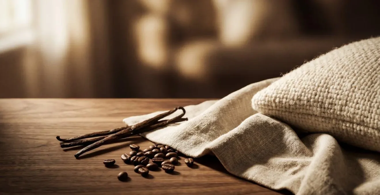 Detalle macro de escena sensorial con elementos naturales que evocan aromas sutiles para crear ambiente acogedor