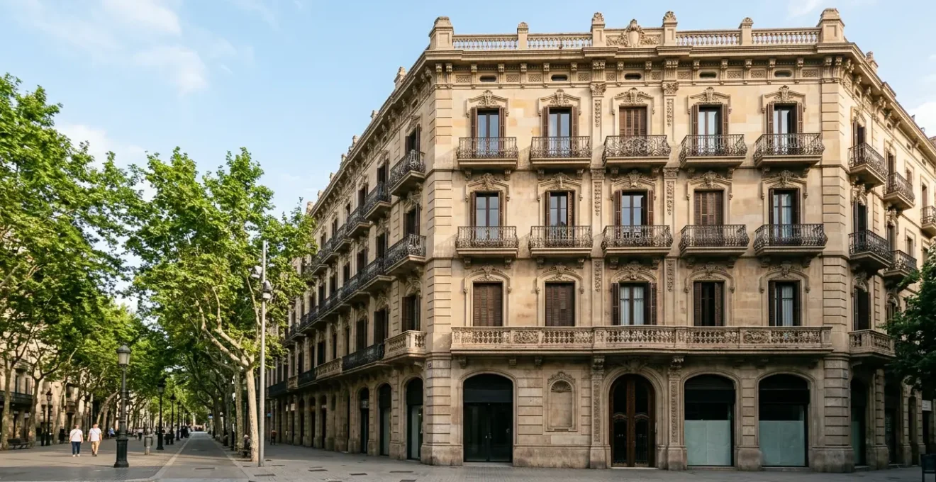 Vista amplia de edificio histórico señorial en centro urbano con arquitectura modernista española
