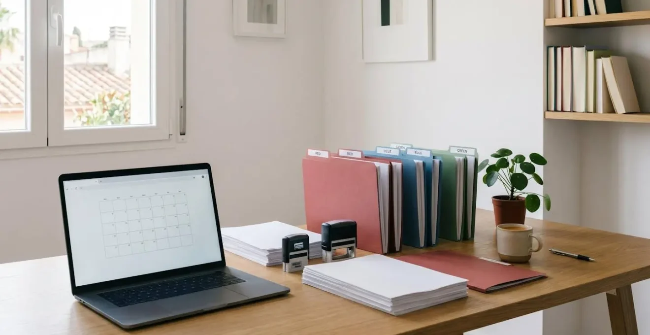 Mesa organizada con carpetas de documentos y portátil mostrando calendario