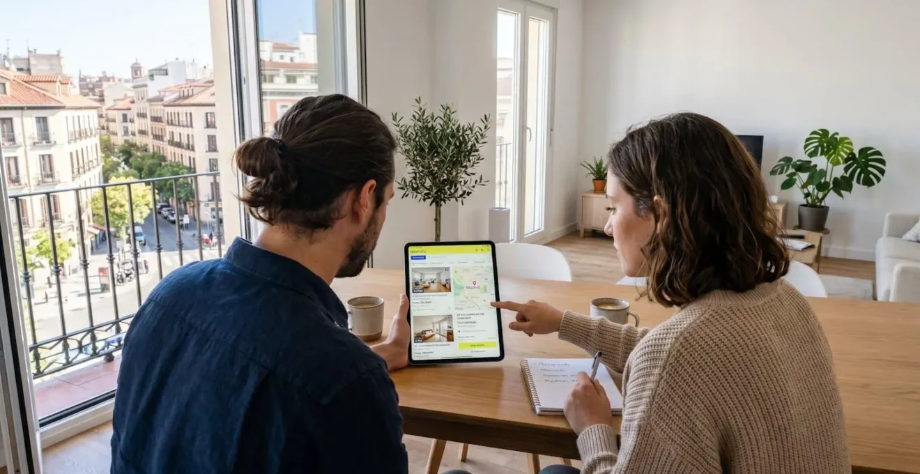Una pareja joven vista de espaldas consulta información inmobiliaria en una tableta dentro de un salón contemporáneo con luz natural