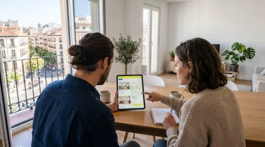 Una pareja joven vista de espaldas consulta información inmobiliaria en una tableta dentro de un salón contemporáneo con luz natural