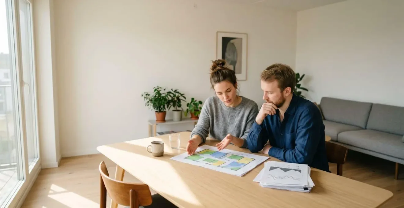 Pareja joven revisando planos y documentos financieros en mesa de comedor