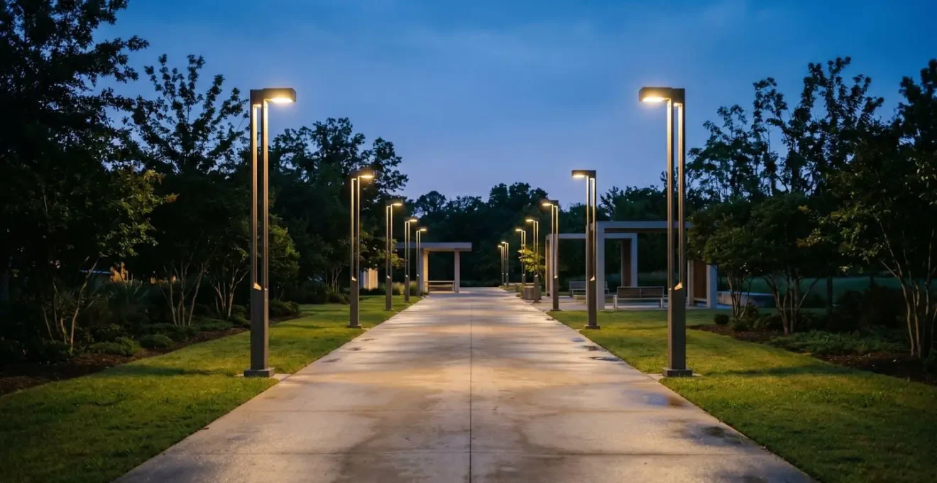 Vista nocturna de un parque urbano con iluminación estratégica y diseño que favorece la visibilidad y seguridad