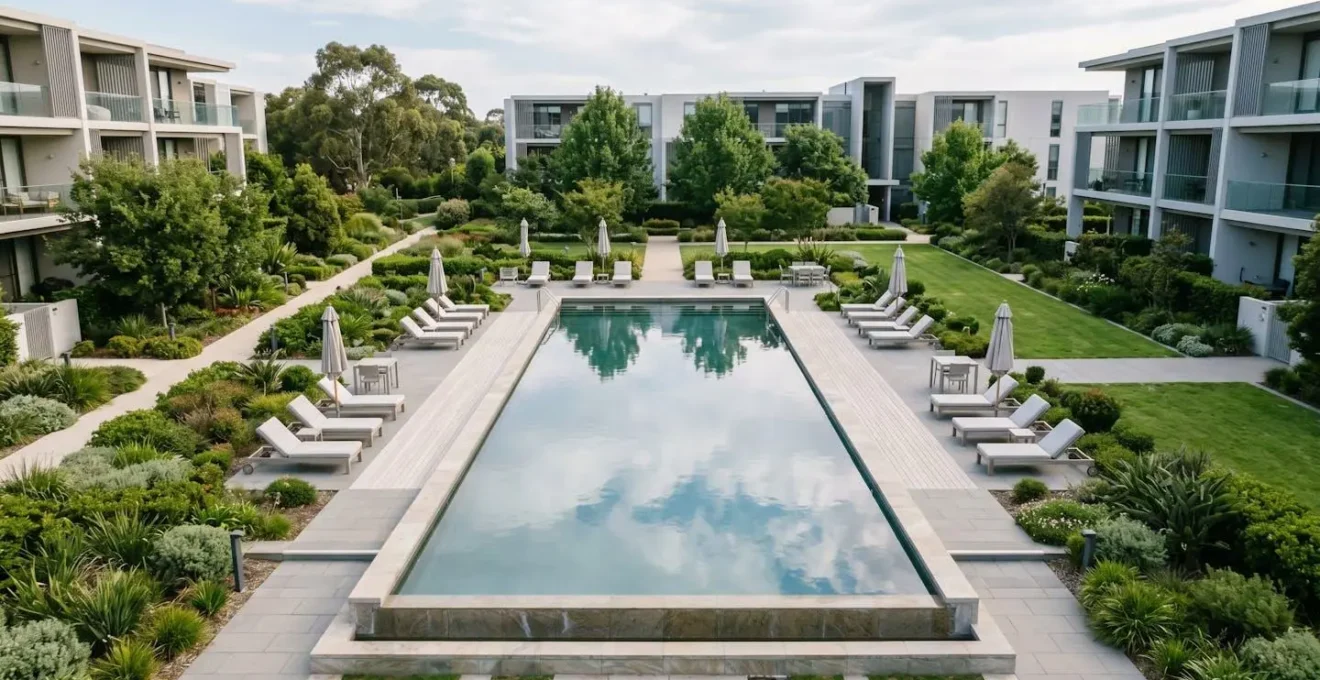 Piscina comunitaria rodeada de zonas ajardinadas en complejo residencial moderno