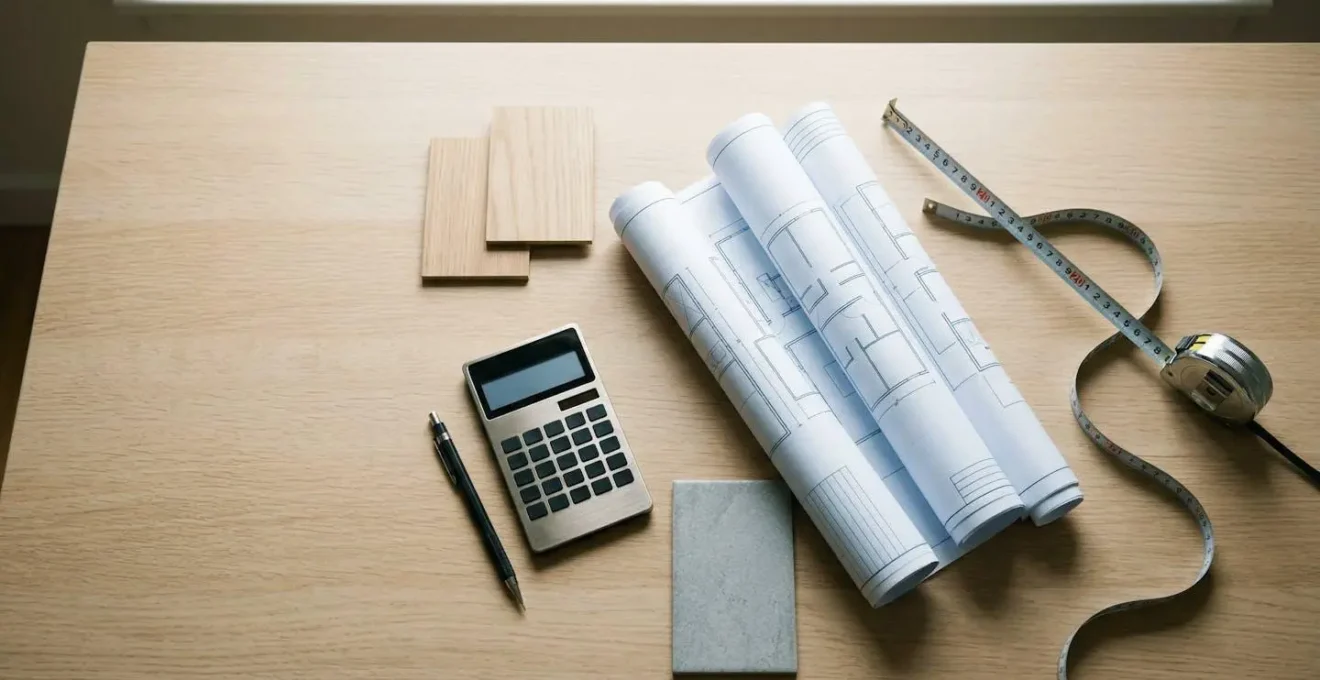 Vista cenital de planos arquitectónicos, calculadora y herramientas de medición sobre mesa de trabajo de reforma integral
