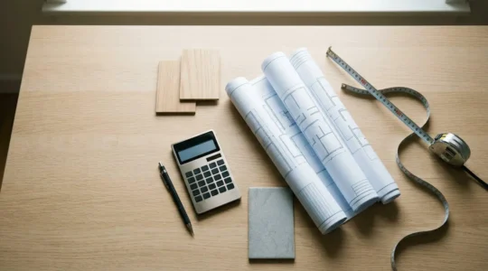 Vista cenital de planos arquitectónicos, calculadora y herramientas de medición sobre mesa de trabajo de reforma integral