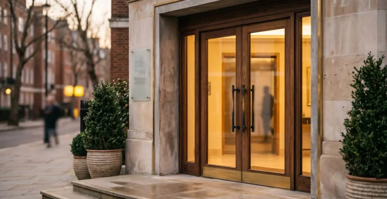 Entrada de edificio con detalles arquitectónicos cuidados y iluminación acogedora