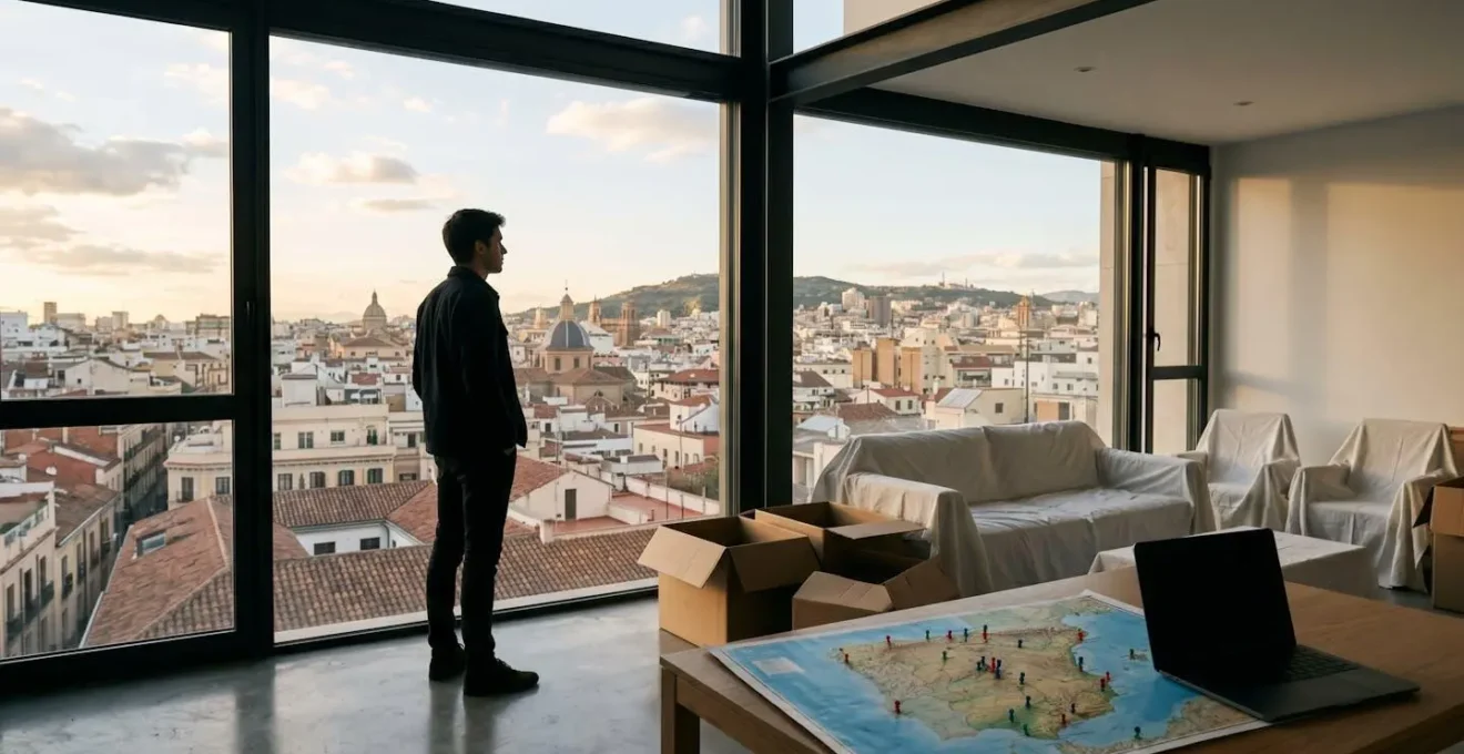 Profesional joven contemplando un mapa de España con marcadores de ciudades desde su apartamento