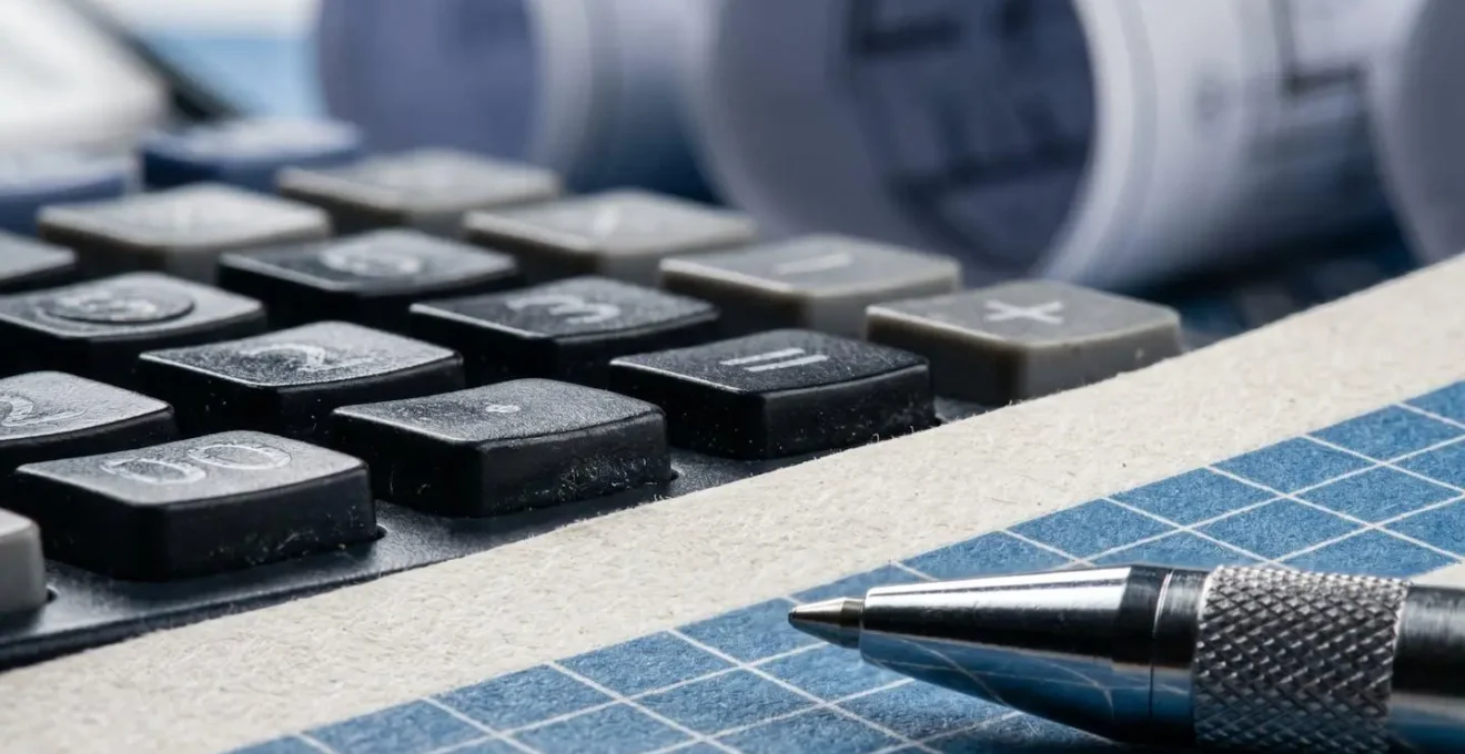 Vista macro de calculadora y gráficos financieros para planificación de gastos comunitarios