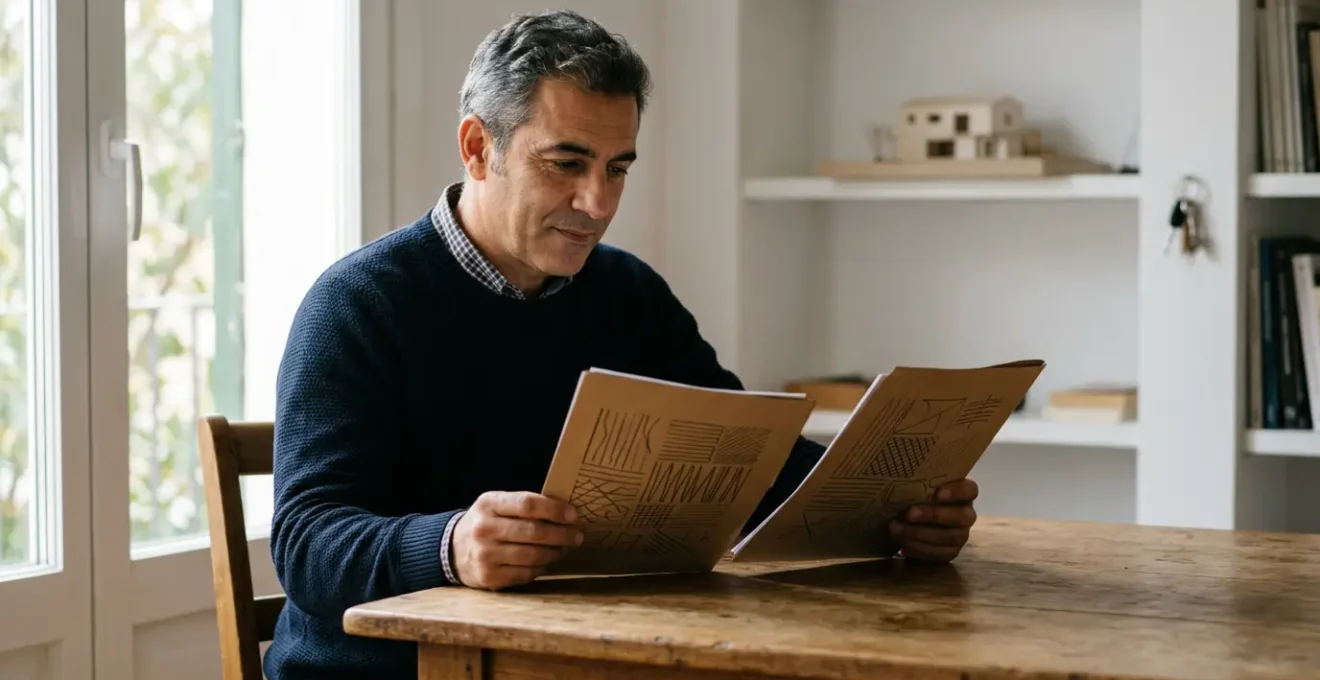 Propietario evaluando documentos de seguro de impago de alquiler frente a contratos y llaves de vivienda