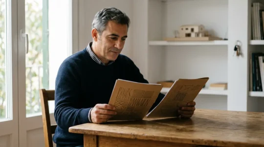 Propietario evaluando documentos de seguro de impago de alquiler frente a contratos y llaves de vivienda