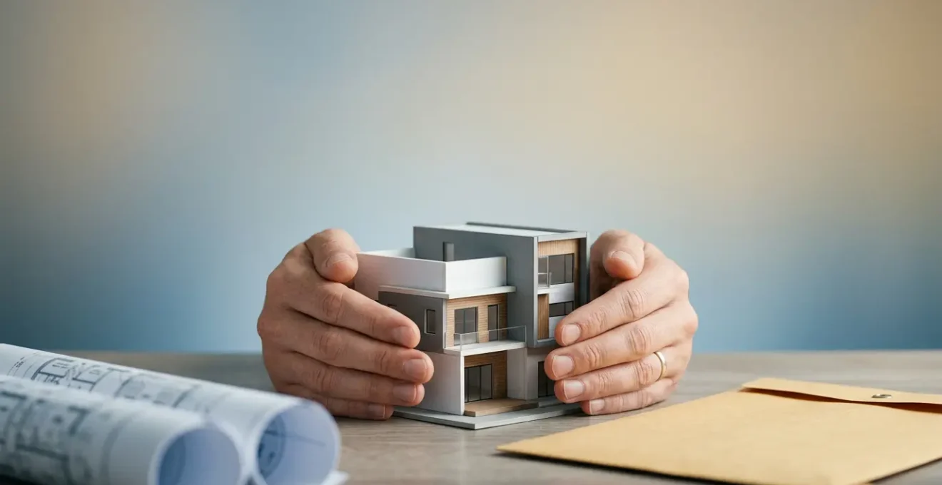Manos protegiendo maqueta de vivienda nueva con documentos legales de garantia decenal