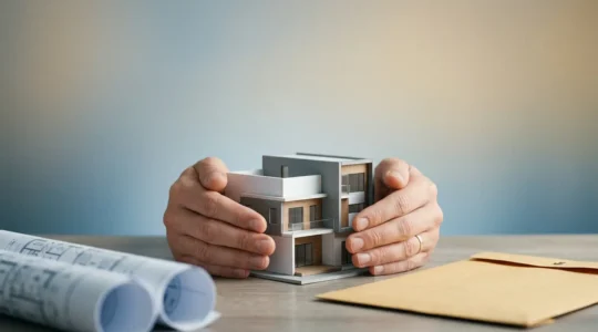 Manos protegiendo maqueta de vivienda nueva con documentos legales de garantia decenal