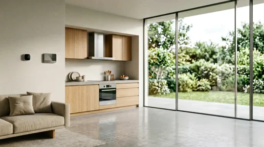 Sistema domótico integrado en hogar moderno con control centralizado de iluminación, climatización y seguridad