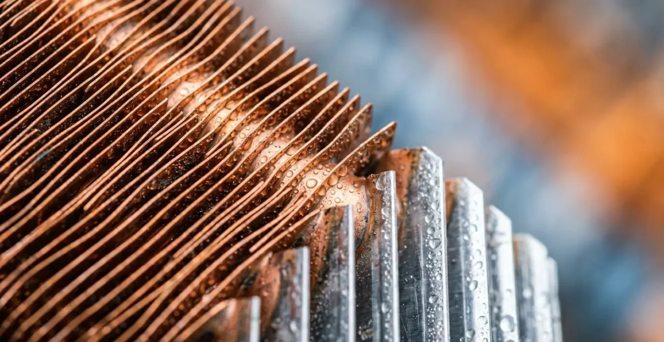Detalle macro de intercambiador térmico mostrando la tecnología de bomba de calor