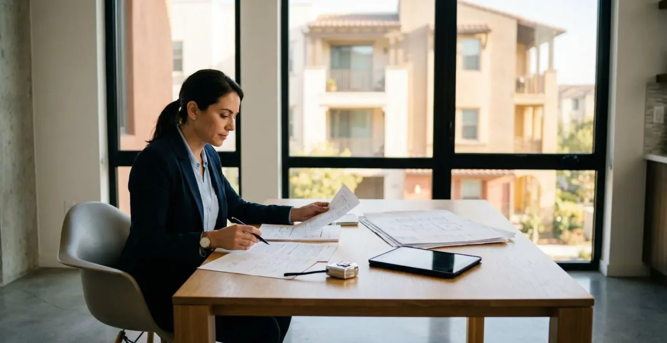 Profesional evaluando documentos de una vivienda con herramientas de medición y arquitectura residencial de fondo