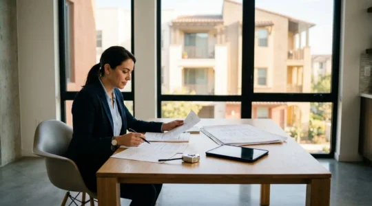 Profesional evaluando documentos de una vivienda con herramientas de medición y arquitectura residencial de fondo