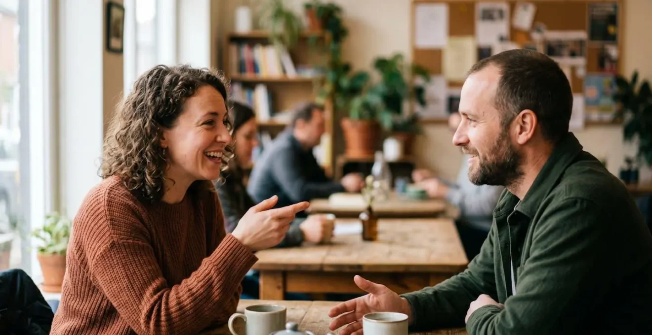 Espacio comunitario acogedor tipo café-librería con personas interactuando naturalmente en ambiente cálido