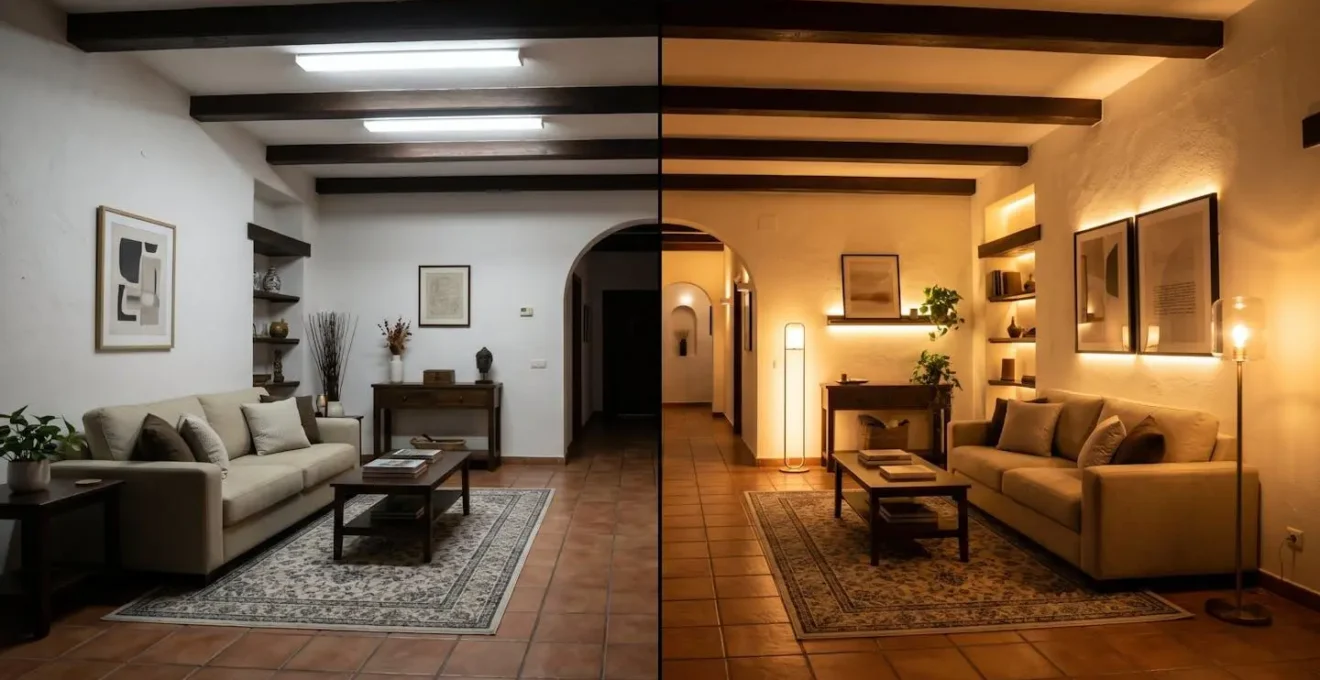 Comparativa del mismo salón con iluminación estándar y con iluminación profesional, mostrando cómo la luz cálida crea un ambiente más lujoso y acogedor.