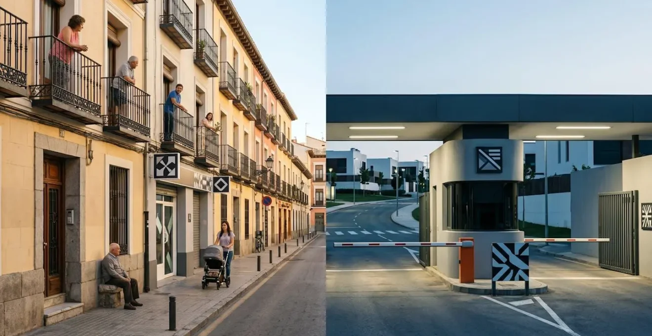 Contraste visual entre vigilancia natural de vecinos en balcones y garita de seguridad en urbanización cerrada