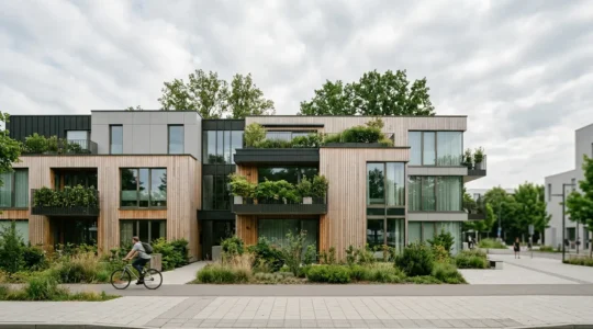 Fachada moderna de edificio residencial con alta eficiencia energética y calificación A