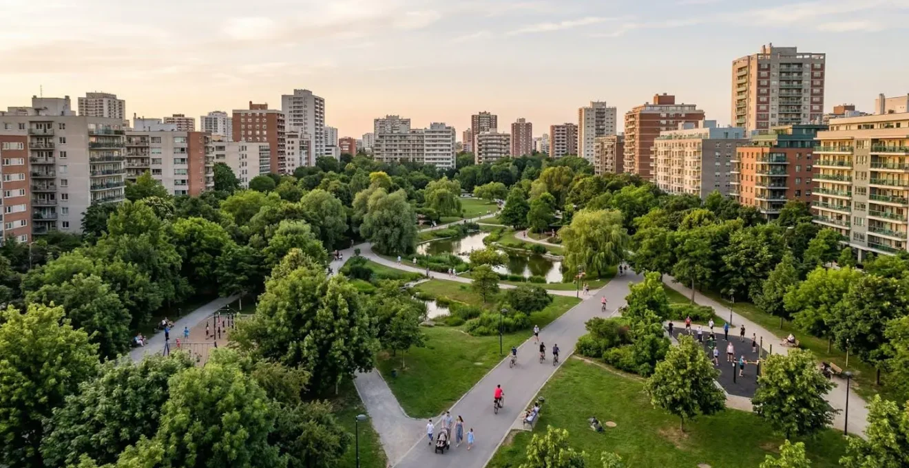 Vista aérea de un parque urbano rodeado de edificios residenciales con espacios verdes y familias disfrutando del entorno natural