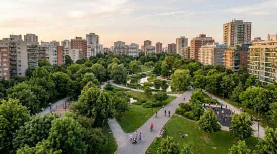 Vista aérea de un parque urbano rodeado de edificios residenciales con espacios verdes y familias disfrutando del entorno natural