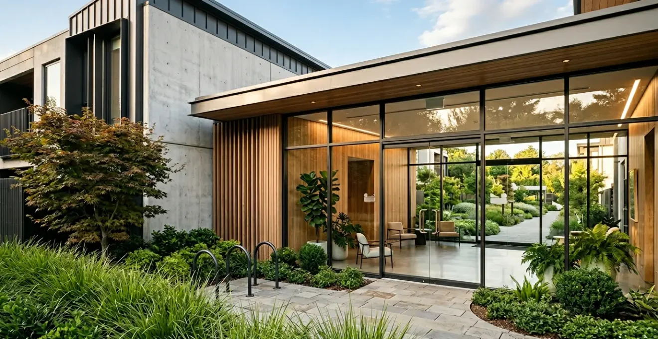 Portal de edificio residencial moderno con jardines bien cuidados y entrada luminosa
